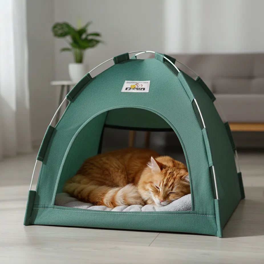 Chat dans tente bleu en intérieur