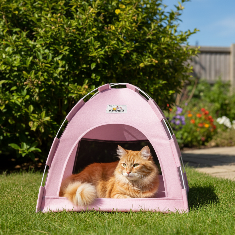 Chat dans tente rose en extérieur