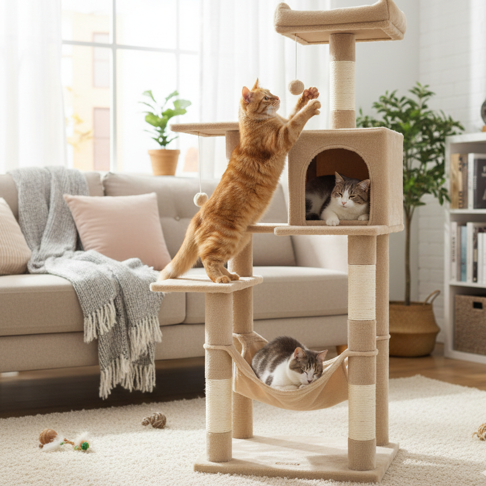 Chats sur arbre a chat avec hamac beige