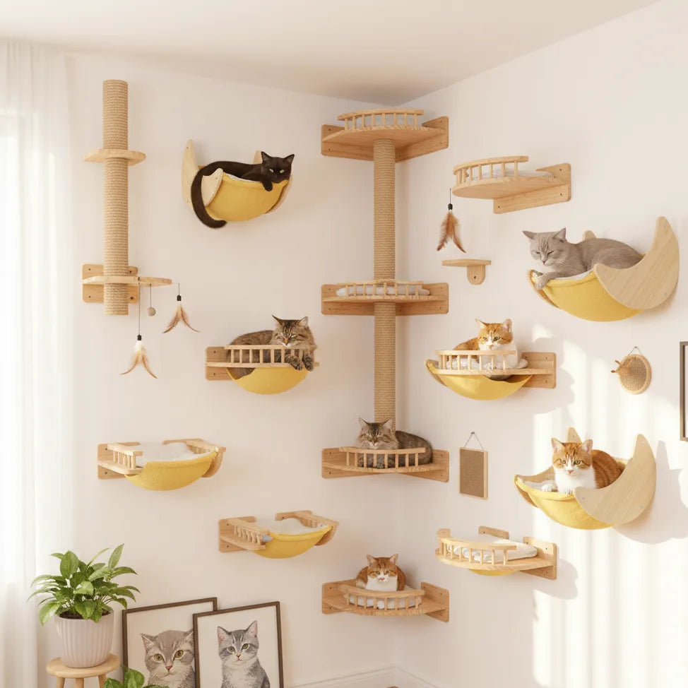 Chats sur panier mural lune