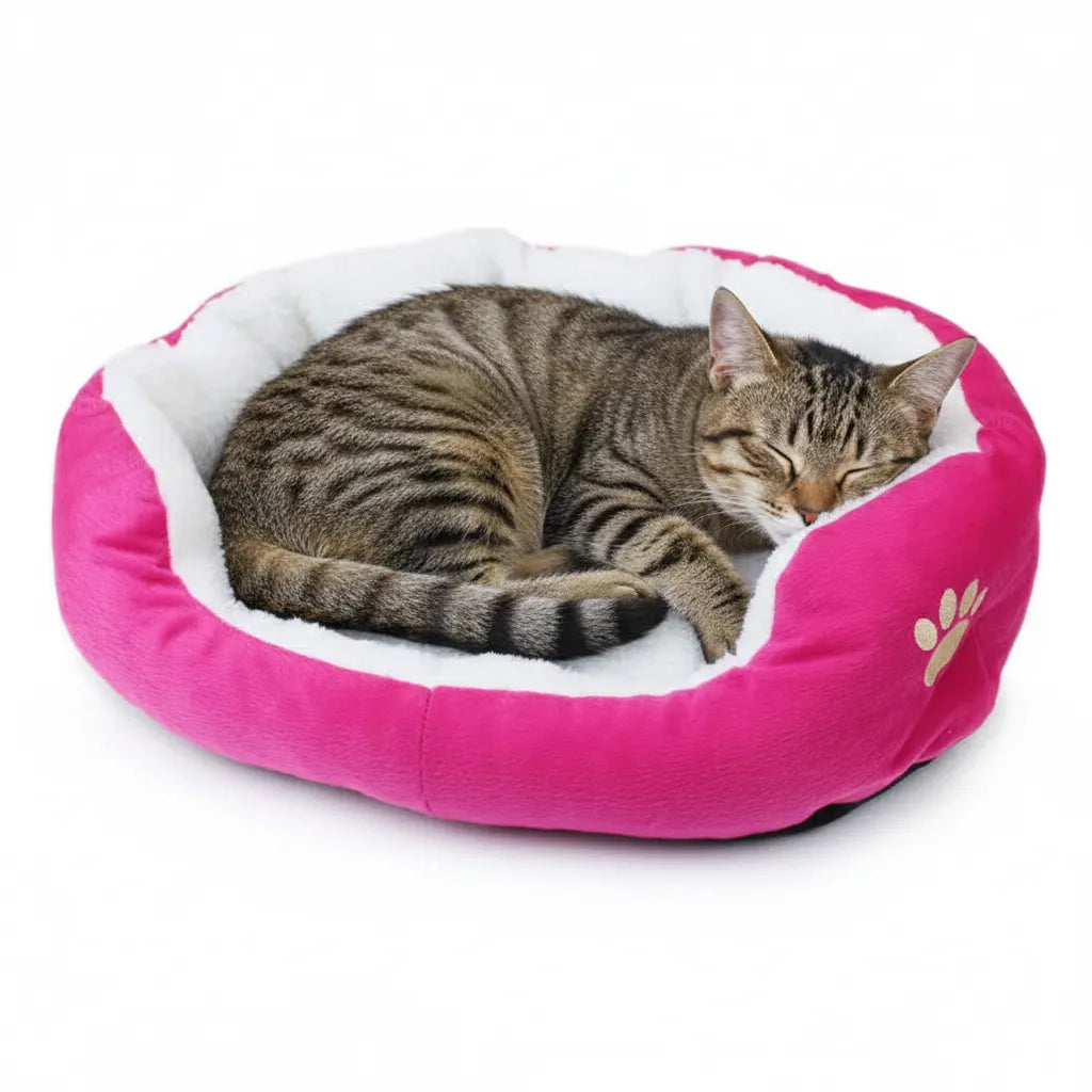Coussin doux pour chat rose avec un chat dessus
