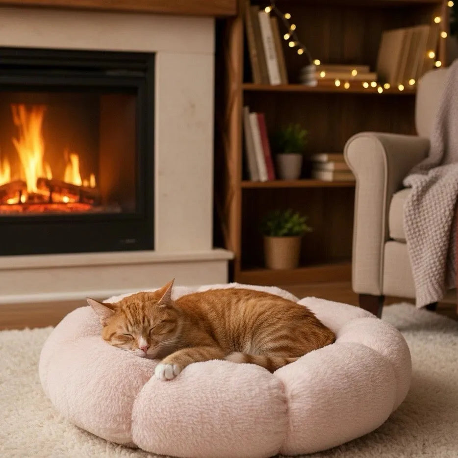 Panier chat fluffy rose clair dans un salon