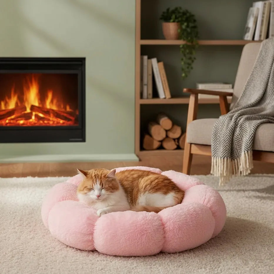 Panier chat fluffy rose dans un salon