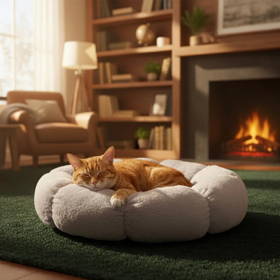 Panier chat fluffy violet dans salon