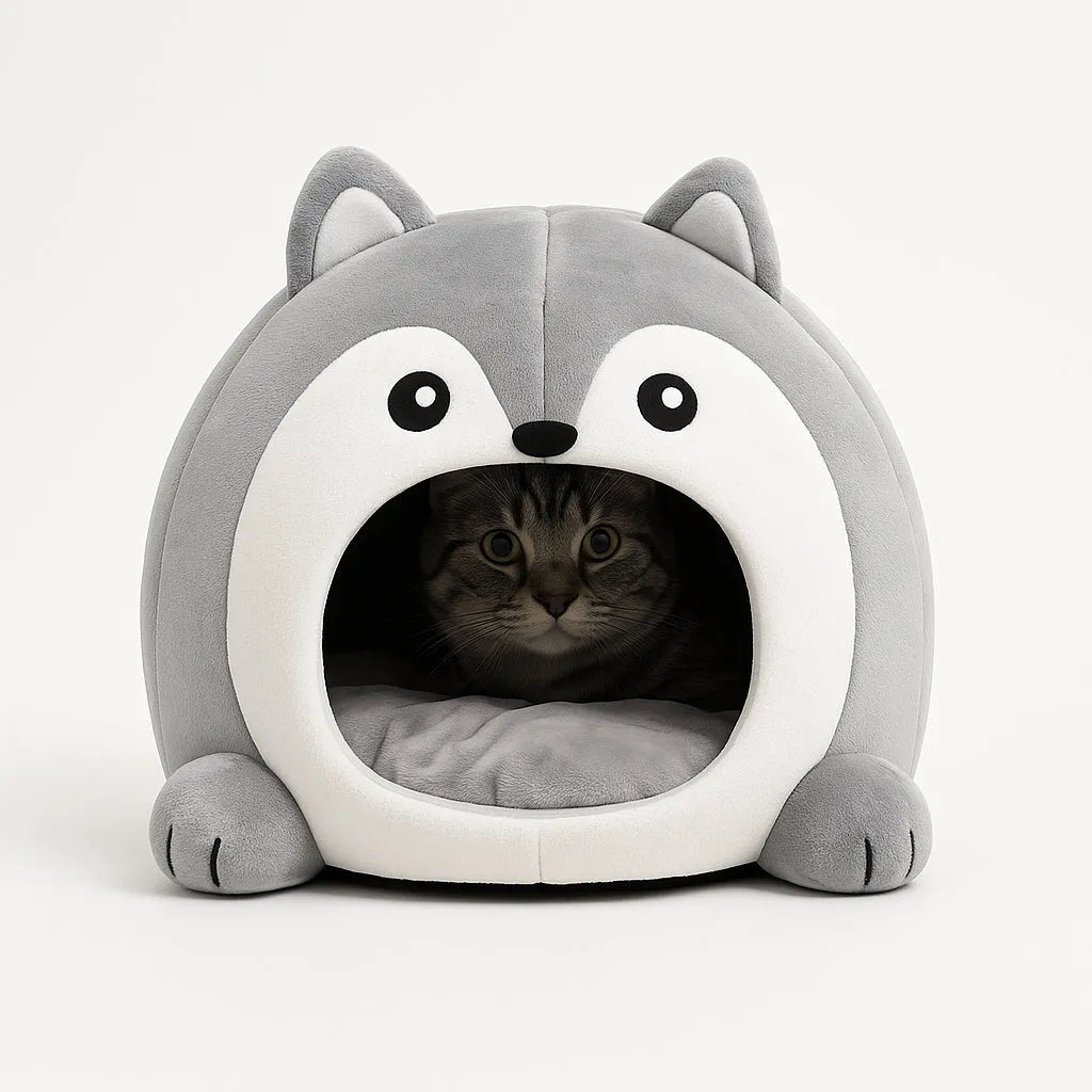 Panier fermé husky avec chat a l’intérieur