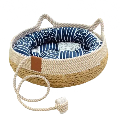 Panier en osier pour chat avec ficelle bleu