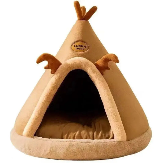 Panier tipi pour chat marron avec cornes