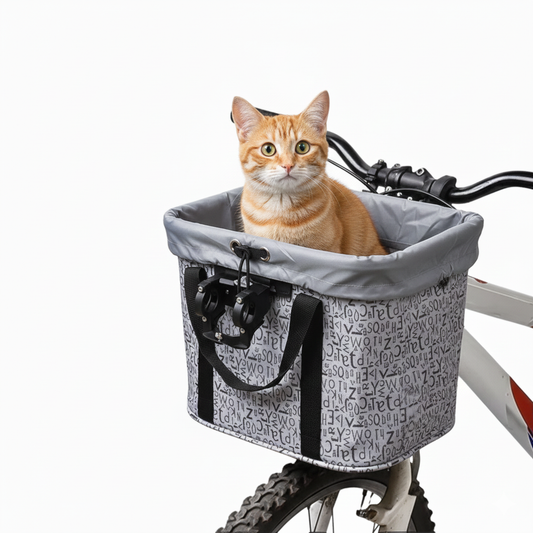 Chat sur panier chat sac cabas gris sur un vélo