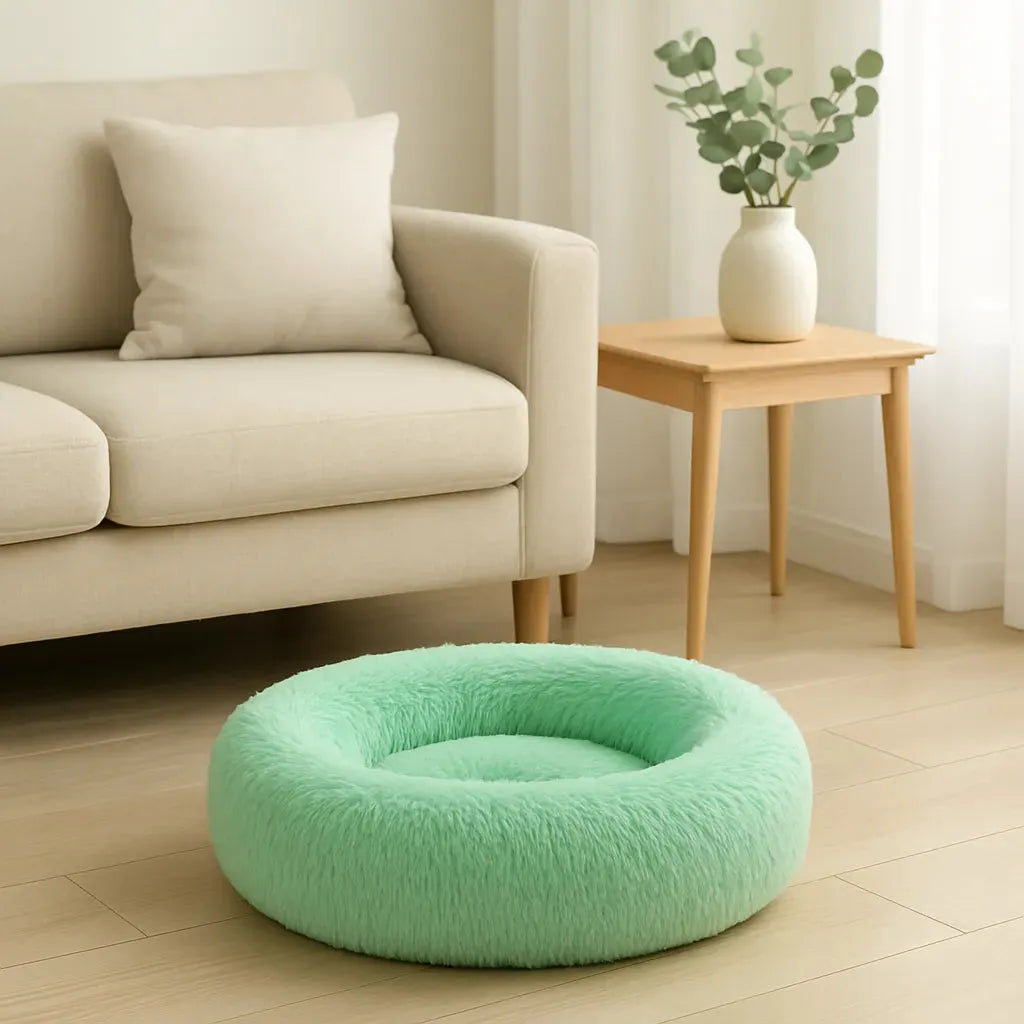Coussin doux effet chauffant naturel vert dans un salon