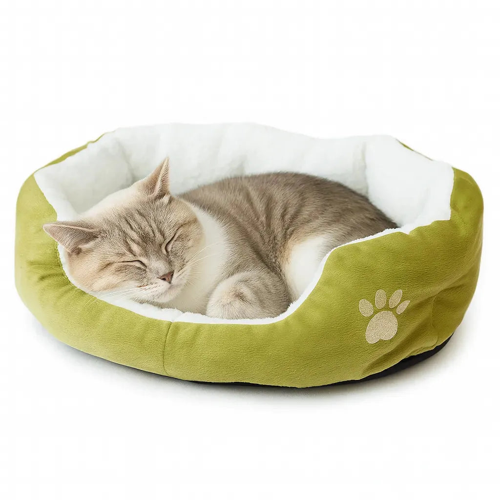 Coussin doux de couleur verte avec un chat a l’intérieur