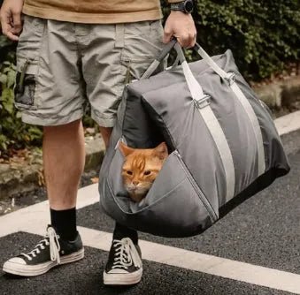 panier transport gris foncé avec un chat a l'intérieur